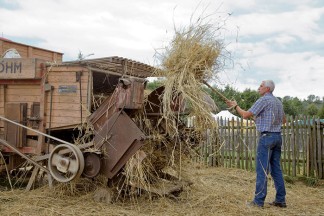 Ein Mann befüllt die historische Dreschmaschine mit Getreidegarben. Das Korn wird gesammelt, das Stroh zu Strohballen gebunden