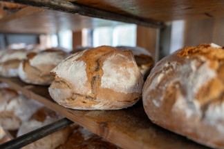 Mehrere Brotlaibe liegen zum Abkühlen in einem Regal.